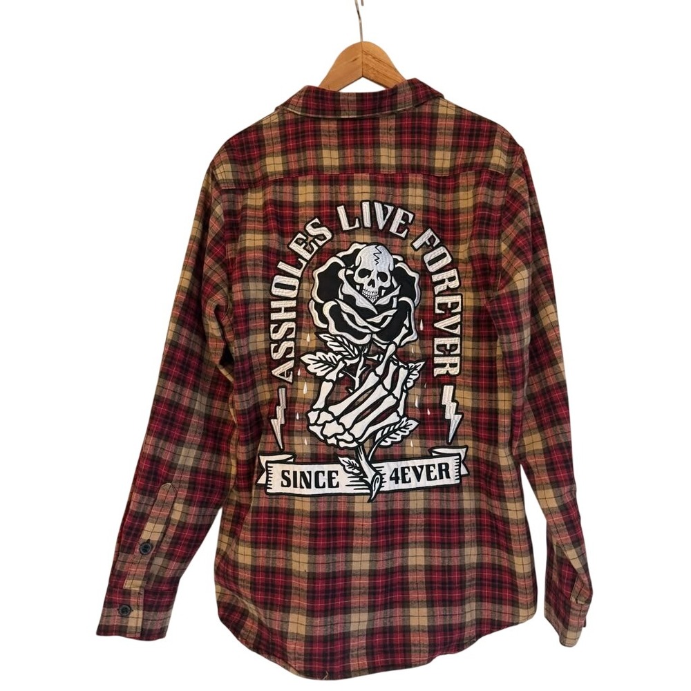 Assholes‎ Live Forever Red Plaid Flannel Shirt Skull Rose Graphic Embroidered L